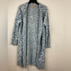 Women’s POL Lt. Blue Textured Knitted Open Front Longline Duster Cardigan Soft
